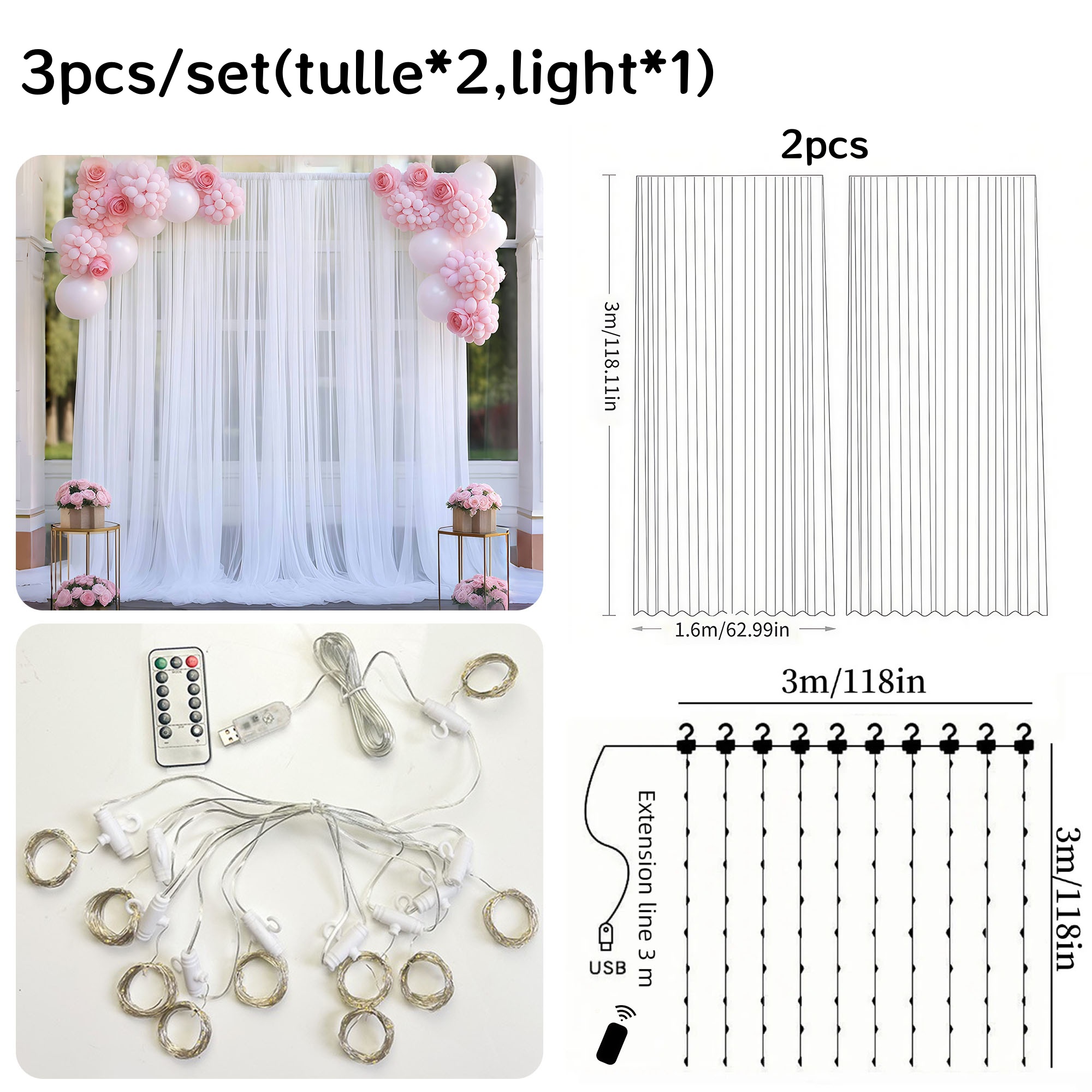 3pcs/set Tulle Backdrop Curtai - Photography Lighting Options のレビューと価格